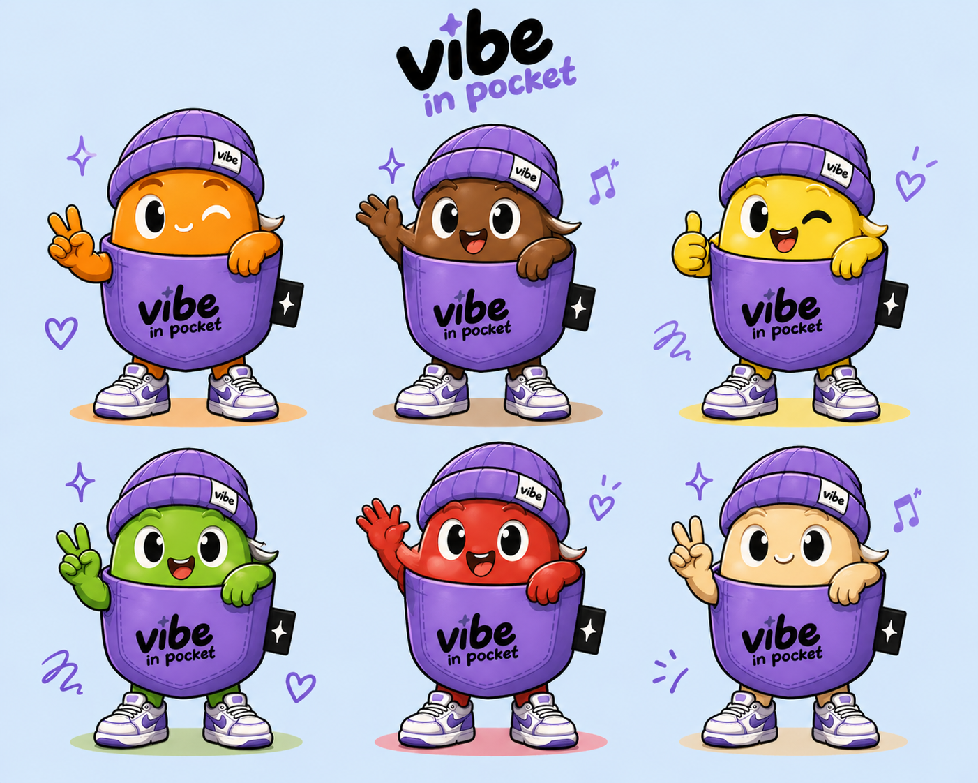 Vibe In Pocket mascots — colorful Viby characters in purple beanies and pockets on a soft blue background