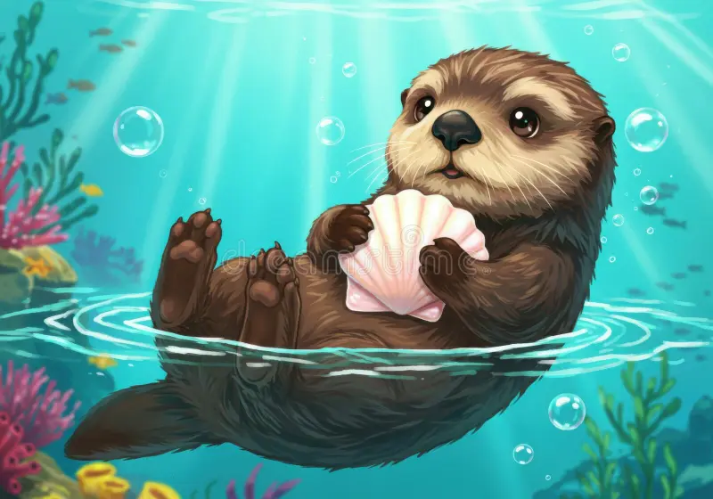 Cute sea otter floating with shell