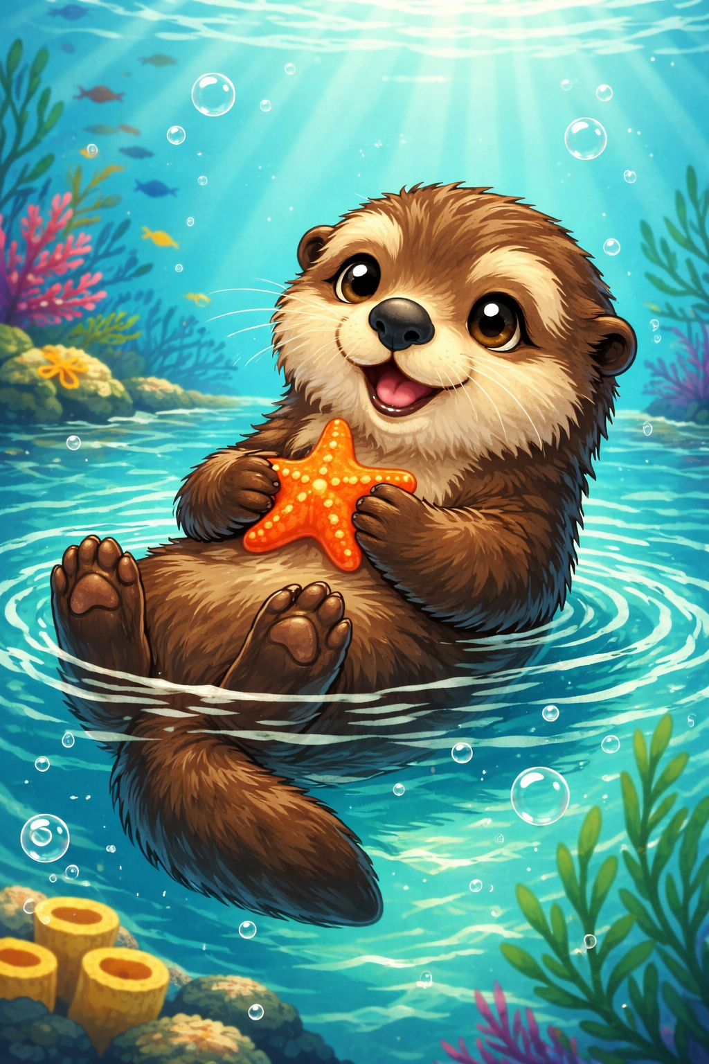 Cute sea otter holding starfish